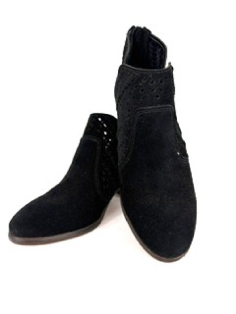 Vince Camuto Black Suede Bootie, Ankle Boot, lazer cuts, braiding - Size 6.5 M